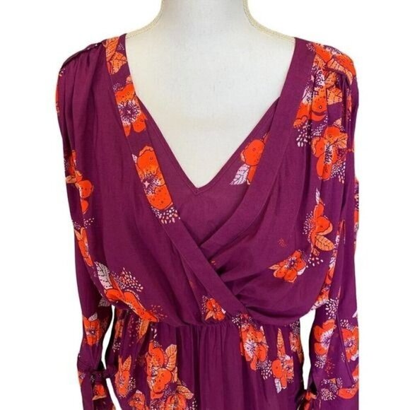 Free People Womens Top XS Tuscan Dreams Purple Orange Floral Tab Roll Sleeves - Picture 5 of 12